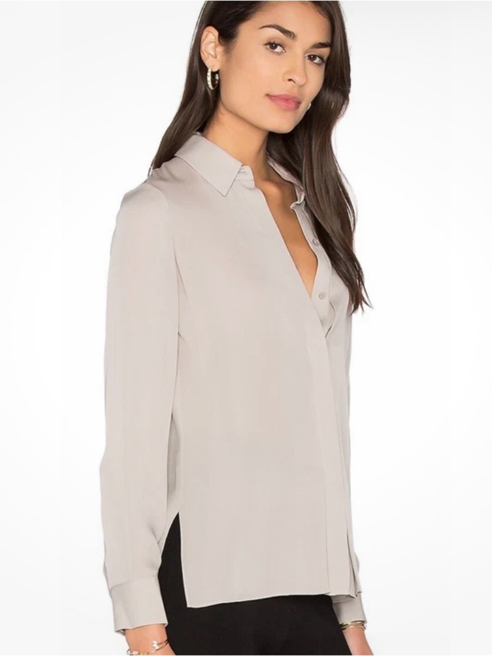 Vince 100% Silk Button Down Blouse Size 0 Taupe